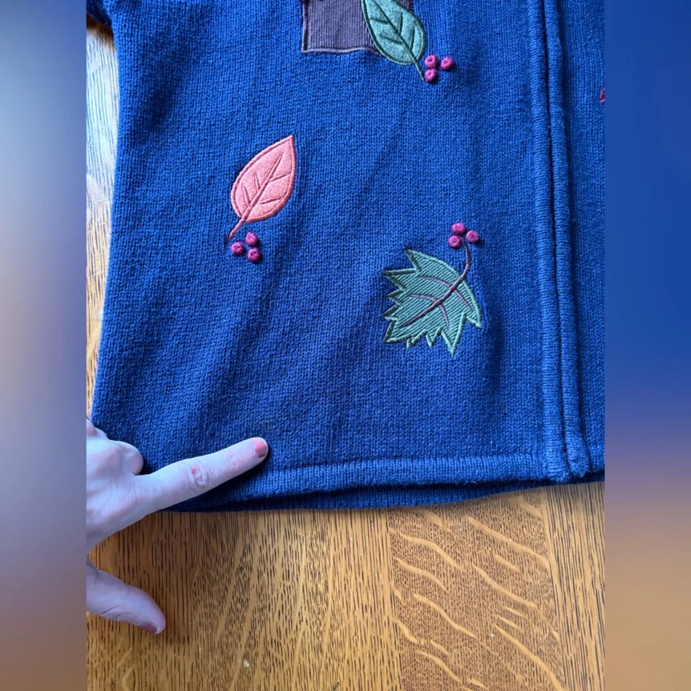 Vintage Crystal-Kobe Navy Full Zip Cardigan Leaf Fall Embroidery Collared Comfy